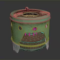 Green Copper Stove With Round Top And Stand Featuring Holes For Home Use