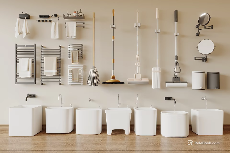 Bathroom Accessories Collection Featuring Towel Racks Mops Sinks Mirrors on Wall with Modern Design 3d model 