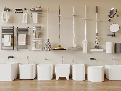 Bathroom Accessories Collection Featuring Towel Racks Mops Sinks Mirrors on Wall with Modern Design 3d model