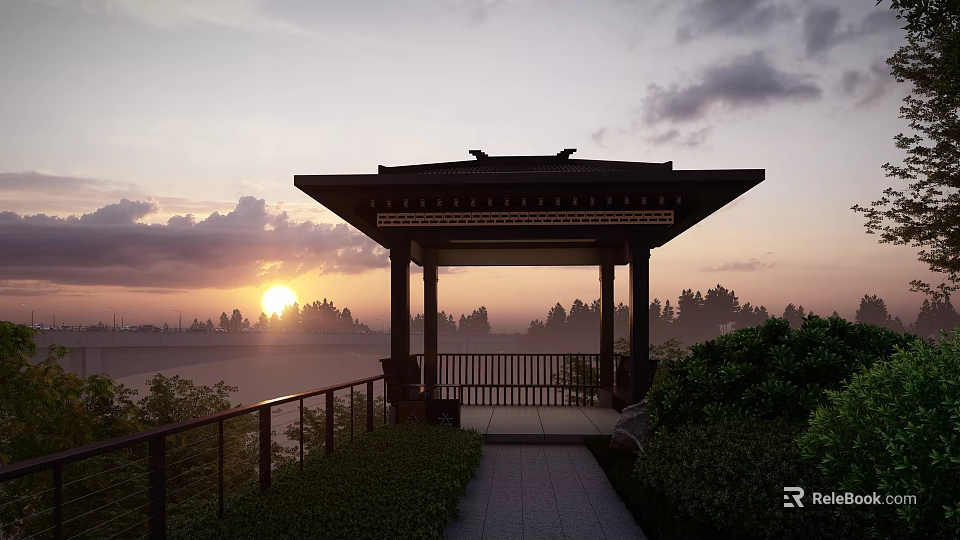 Traditional Pavilion View At Sunset With Misty Trees And Railing Sky 3d model 