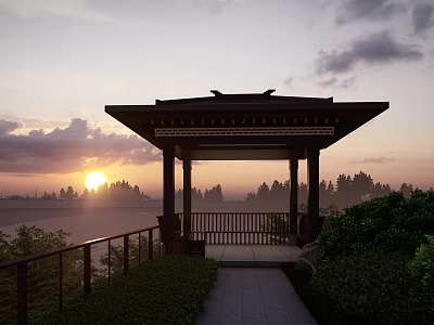 Traditional Pavilion View At Sunset With Misty Trees And Railing Sky 3d model