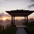 Traditional Pavilion View At Sunset With Misty Trees And Railing Sky