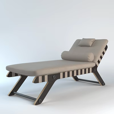 Modern Comfortable Lounge Chair With Beige Cushion Pillow And Wooden Striped Frame 3d model