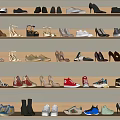 Various Styles Of Shoes Displayed On Wooden Shelves With Different Colors And Designs