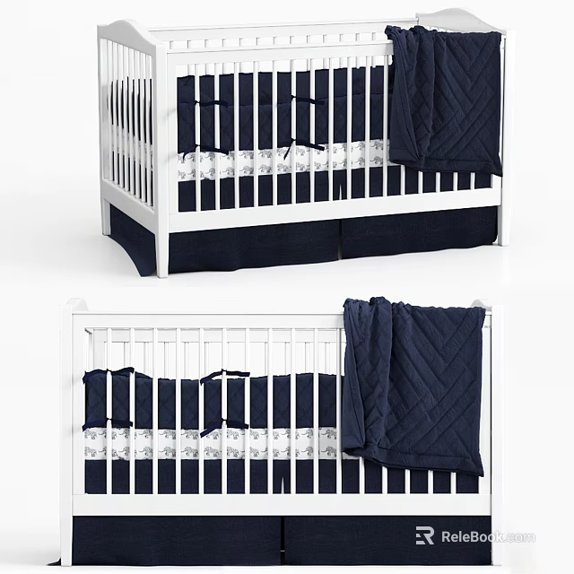 White Frame Baby Crib With Navy Blue Bedding And Lace Details 3d model 