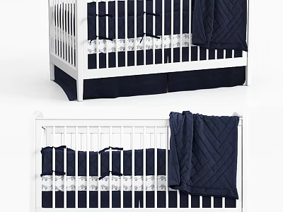 White Frame Baby Crib With Navy Blue Bedding And Lace Details 3d model