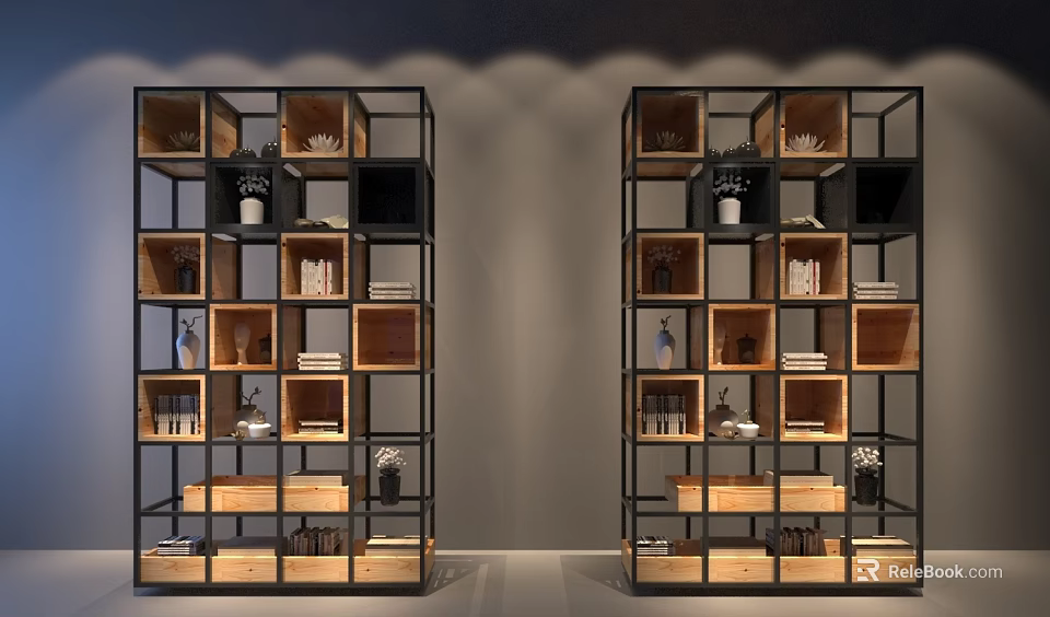 Modern Industrial Bookcase With Wooden Shelves Metal Frame And Decorative Items 3d model 