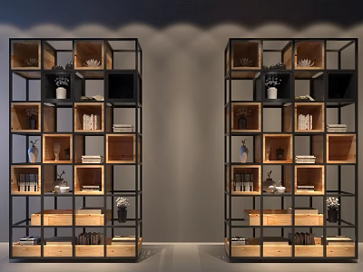 Modern Industrial Bookcase With Wooden Shelves Metal Frame And Decorative Items 3d model