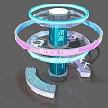 Futuristic Exhibition Design Display With Circular Glowing Rings Blue Pillar And Platforms