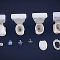 Various Toilet Designs With Open And Closed Lids And Flushing Components 3d model
