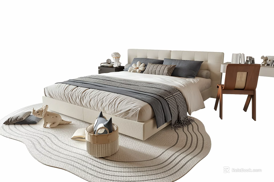 Modern Double Bed Bedroom Interior With Upholstered Headboard Bedding Area Rug And Nightstand 3d model 
