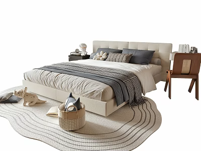 Modern Double Bed Bedroom Interior With Upholstered Headboard Bedding Area Rug And Nightstand 3d model