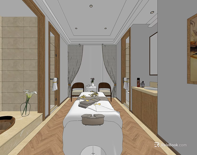 SPA Sauna Interior Design With Massage Bed Chairs Wooden Flooring And Vanity 3d model 