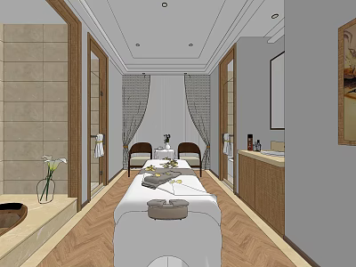 SPA Sauna Interior Design With Massage Bed Chairs Wooden Flooring And Vanity 3d model