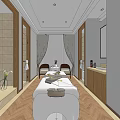 SPA Sauna Interior Design With Massage Bed Chairs Wooden Flooring And Vanity