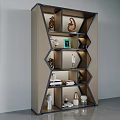 Modern Geometric Bookcase With Decorative Sculptures Books And Neutral Tones Design