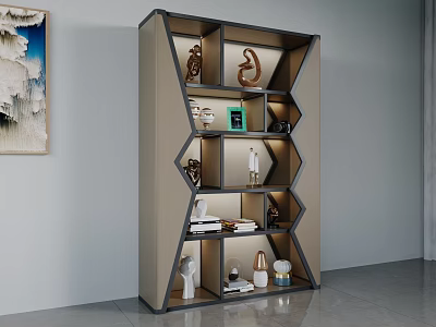 Modern Geometric Bookcase With Decorative Sculptures Books And Neutral Tones Design 3d model