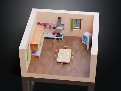 Cartoon Kitchen Scene With Wooden Cabinets Dining Table Chairs Refrigerator And Window 3d model