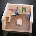 Cartoon Kitchen Scene With Wooden Cabinets Dining Table Chairs Refrigerator And Window