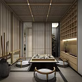 Traditional Chinese Teahouse Interior With Wooden Shelves Calligraphy Green Plant And Table Chairs