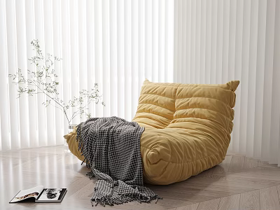 Cozy Yellow Lazy Sofa with Gray Checkered Blanket and Book in Bright Room 3d model
