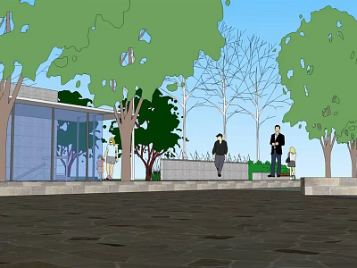 Residential Landscape With Glass Structure Trees Stone Paved Ground Greenery And People 3d model