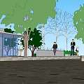 Residential Landscape With Glass Structure Trees Stone Paved Ground Greenery And People