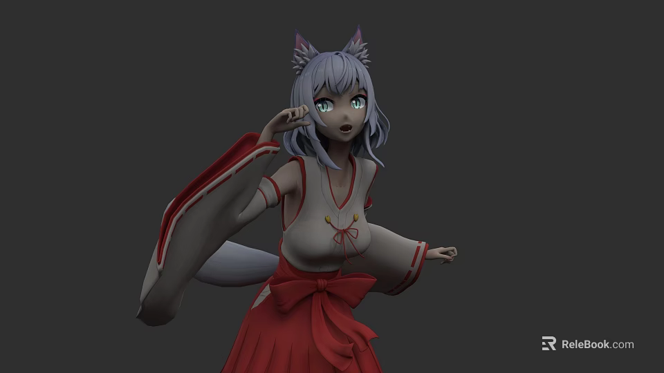 Woman with gray hair and cat ears wearing red white kimono with tail posing 3d model 