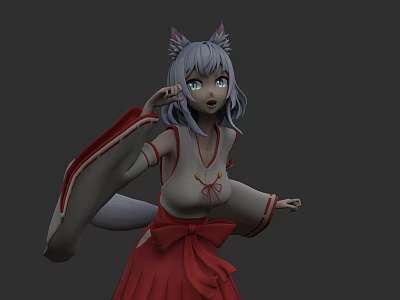 Woman with gray hair and cat ears wearing red white kimono with tail posing 3d model