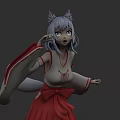 Woman with gray hair and cat ears wearing red white kimono with tail posing