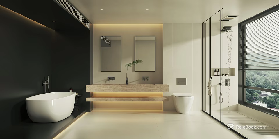 Modern Bathroom Interior Design With Double Vanity Countertop Lighting And Glass Shower Enclosure 3d model 