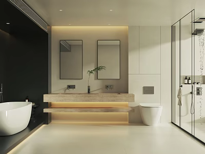 Modern Bathroom Interior Design With Double Vanity Countertop Lighting And Glass Shower Enclosure 3d model