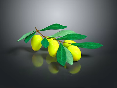 Fresh Healthy Yellow Fruits With Lush Green Leaves On Natural Wooden Branch 3d model
