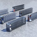 Multiple Retractable Security Gates With Access Control Devices On Paved Surface