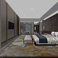 Luxury Modern Hotel Guest Room With King Bed Decorative Wall Patterned Carpet And Ambient Lighting