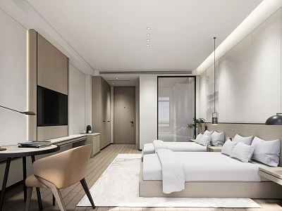 Modern Hotel Room Interior Design With Comfortable Bed Pillows Desk Chair TV And Rug 3d model