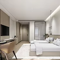 Modern Hotel Room Interior Design With Comfortable Bed Pillows Desk Chair TV And Rug