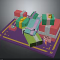 Colorful Gift Boxes Stacked On Purple Mat With Colorful Ribbons And Tags