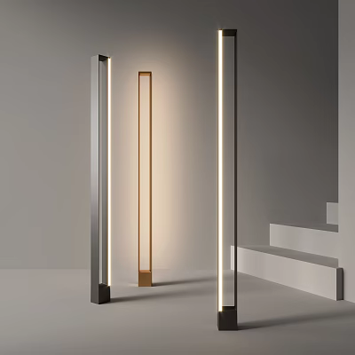 Modern Slim Floor Lamp With Metallic Design And Warm Lighting In Minimalist Interior 3d model