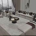 Modern Sofa and Coffee Table Set with Pillows Rug Decorative Painting and Green Plant