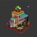 Colorful Ice Cream Cart Setup With Stacked Ice Cream Cones Street Lamp Tables Chairs