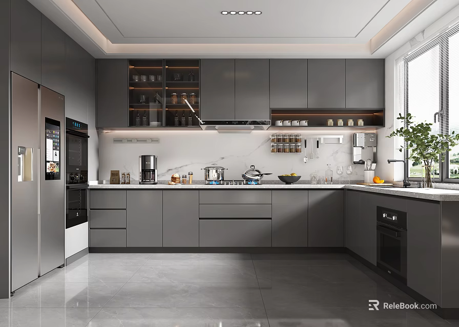 Modern Grey Kitchen With Stainless Steel Refrigerator Cabinets And Countertop Appliances Near Window Plant 3d model 