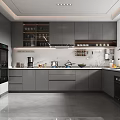 Modern Grey Kitchen With Stainless Steel Refrigerator Cabinets And Countertop Appliances Near Window Plant