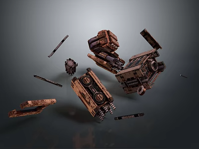 Rusty Mechanical Parts Suspended In Dark Industrial Wreckage Scene 3d model