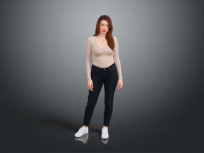 Woman in beige long sleeve top and dark jeans with white sneakers against gray background 3d model