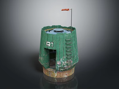 Cartoon Scene of Green Watchtower with Ladder Top Opening Small Flag and Brown Base 3d model