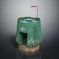 Cartoon Scene of Green Watchtower with Ladder Top Opening Small Flag and Brown Base