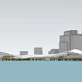 Modern Library Building Architectural Design With Curved Roof Waterfront Greenery And Steps