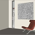 Abstract Painting Black White Lines Wall Art In Minimalist Room With Leather Chair And Shelf