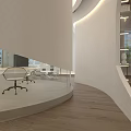 Modern Public Office Space With Glass Partitions Wooden Columns Desks Computers Chairs And Soft Lighting
